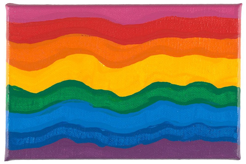 Wavy rainbow stripes of pink, red, orange, yellow, green, light blue, dark blue and purple acrylic paint on canvas.