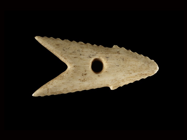 Harpoon head, maker unknown. Purchased 1931. Te Papa (ME006317) A carved bone harpoon. head in the shape of an arrow pointing right on a black background.