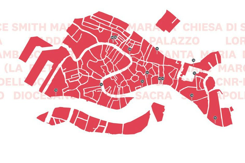 A red map of Venice with places marked on it that are galleries in the Venice Biennale.
