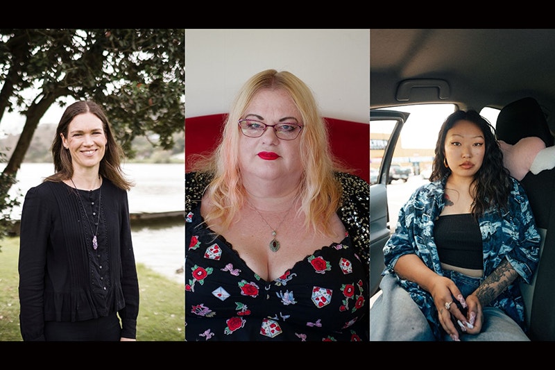An image split into three of three women all looking at the camera. One is outside, one is on a sofa, one is in a car.