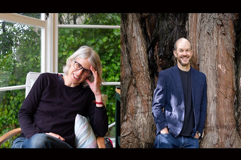 Split photo of two people smiling at the camera. One is sitting down inside, and one is standing by a tree.