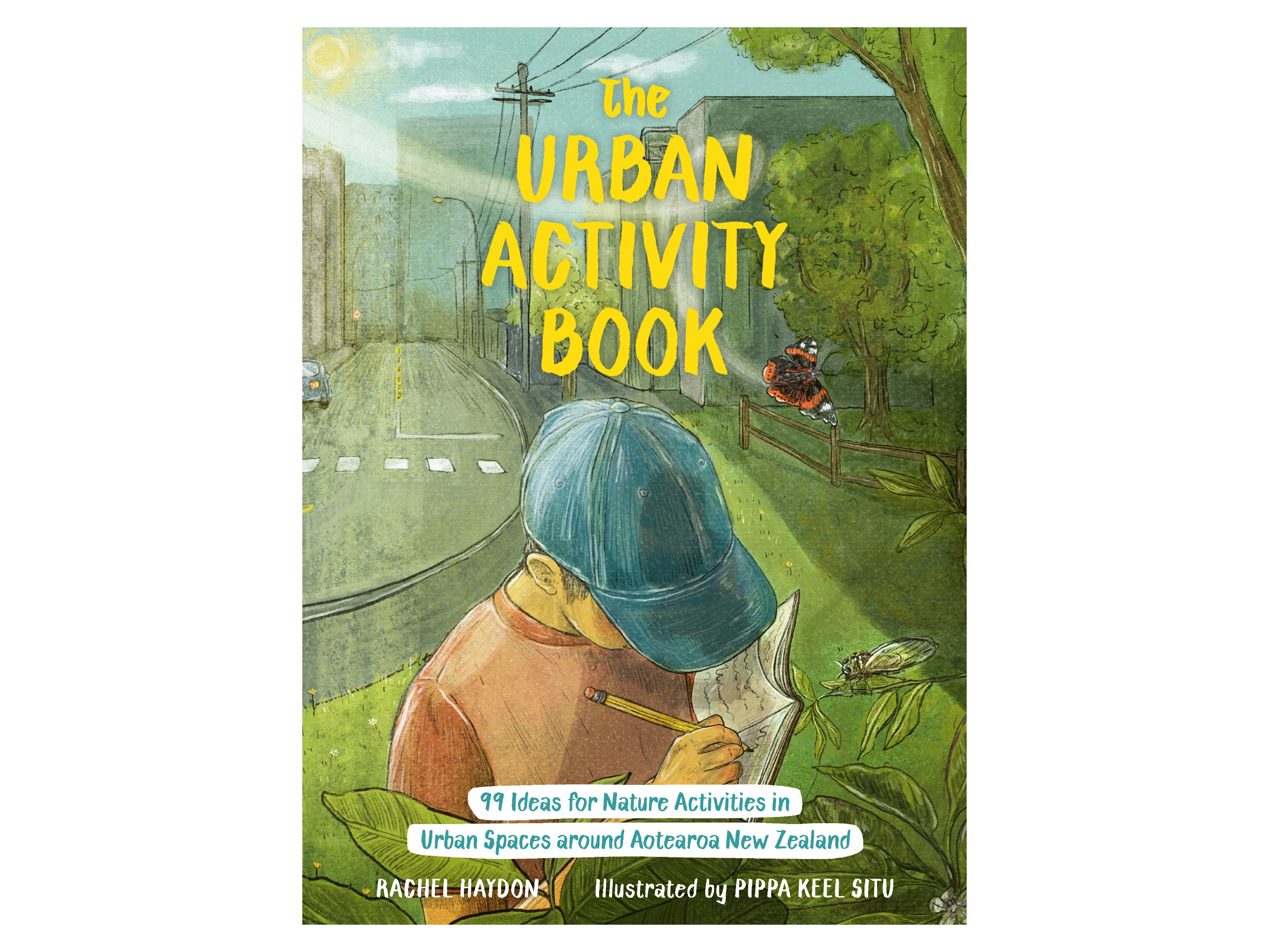 Book cover for The Urban Activity Book, featuring a coloured illustration of a child writing in a notebook, surrounded by nature, with a city behind them.