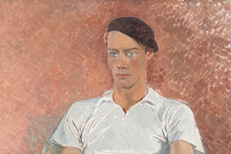 Oil painting of a handsome, athletic, and casually dressed man sitting  in a wicker chair. He wears a white, Lacoste style polo shirt and a brown beret with close cropped blonde curls and grey-blue eyes.