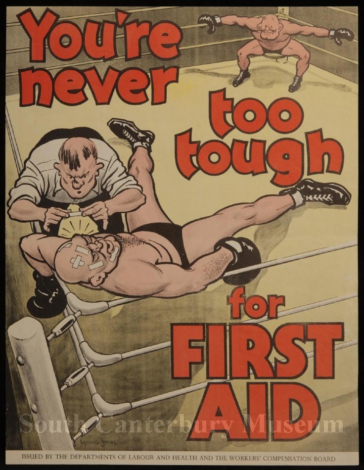 Poster showing a cartoon of a boxer getting treatment in a boxing ring