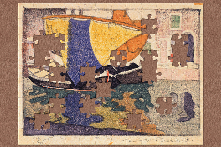 A watercolour painting of boats on a canal with jigsaw shapes missing.