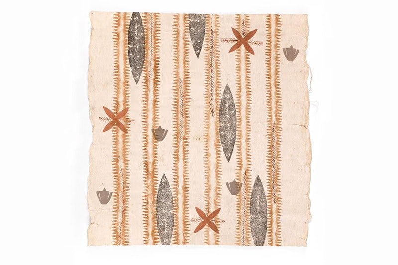 A square of tapa cloth with patterns painted on it in lines, crosses, and paddle shapes.