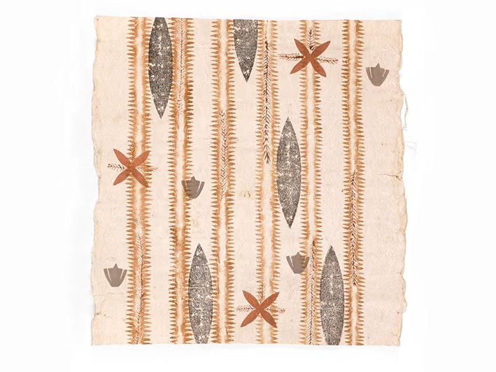 “W'said Wi Gwen”- Where We are Going' ‘ahu (tapa cloth), by Sue Pearson, Tahiti, 2023. Commissioned 2023. Te Papa ( FE013740) A square of tapa cloth with patterns painted on it in lines, crosses, and paddle shapes.