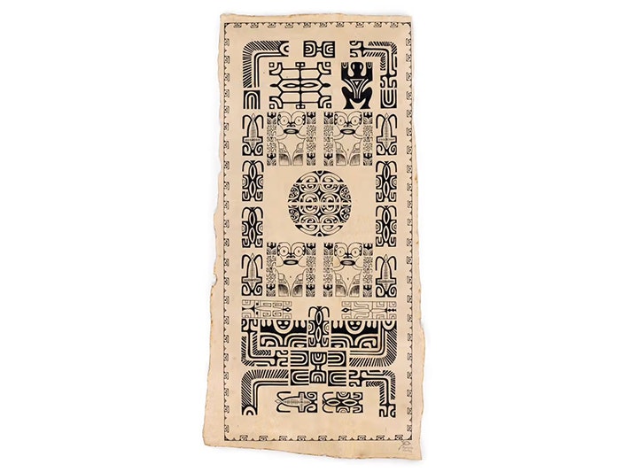 'Ahu (tapa cloth), Sarah Vakii and Tutana Tetuanui-Peters; 2023; Marquesas Islands. Te Papa (FE013755) A long piece of tapa with intricate patterns painted on it.