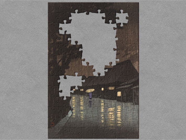 Sochu Maekawa no ame: Rain at Maekawa, Sochu., 1932, Tokyo, by Kawase Hasui, Shozaburo Watanabe. Purchased 2016. Te Papa (2016-0008-11) Jigsaw preview image for Sochu Maekawa no ame: Rain at Maekawa, Sochu., 1932, Tokyo, by Kawase Hasui, Shozaburo Watanabe. Purchased 2016. Te Papa (2016-0008-11)