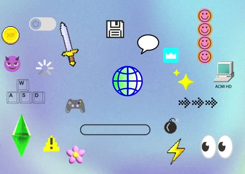 Animated video game icons on a coloured background.