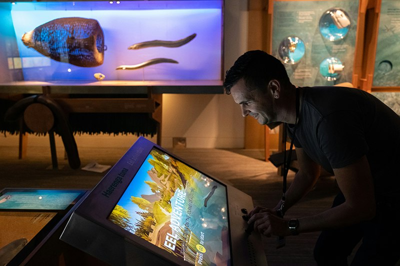 A man is playing a video game on a screen in an exhibition.