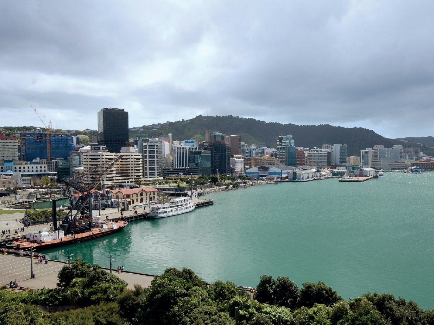 A photo of the Wellington waterfront and city on an overcast day