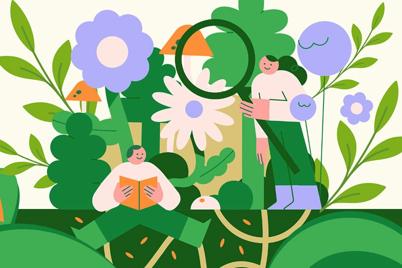 A stylised illustration of someone reading and someone standing with over-sized flowers and plants.