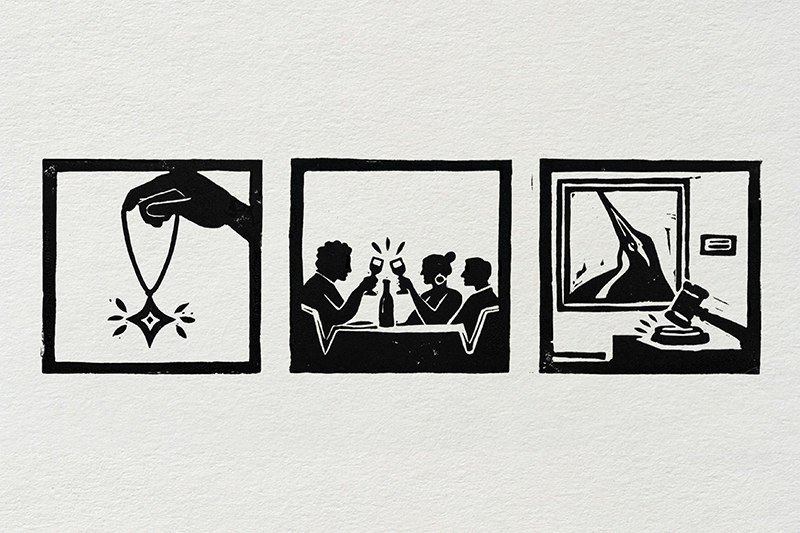 A lino cut of three separate images, one hand holding a sparkling necklace, three people cheering with drinks at a table, and one of a picture of a bird, and a gavel banking on a table.
